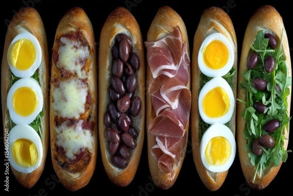 Fototapeta Artful arrangement of diverse gourmet sandwiches showcasing creamy eggs flavorful meats and fresh greens against a striking dark backdrop highlighting culinary creativity and presentation mastery