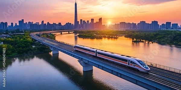 Fototapeta Stunning Sunset Panorama HighSpeed Rail Gliding Through Modern Cityscape