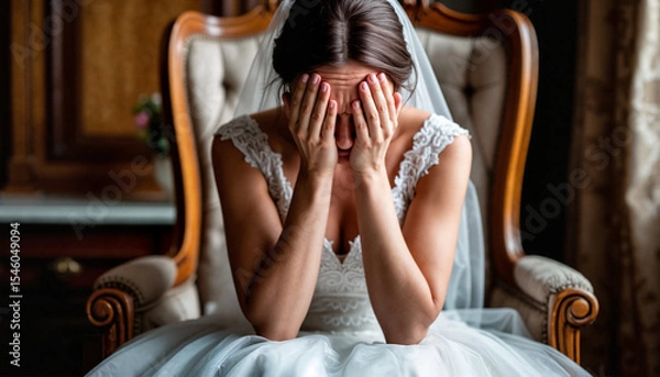 Fototapeta A young Caucasian woman in a white wedding dress sits on a vintage chair, covering her face with her hands. She appears distressed in an elegant indoor setting.