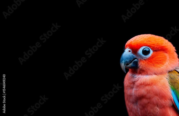 Fototapeta A close-up of a vibrant orange and blue parrot against a black background. The parrot has a round head, bright orange feathers, and striking blue accents.