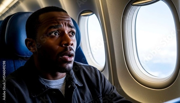 Fototapeta A young African man with short hair looks surprised while sitting by an airplane window. The sky is visible outside, indicating flight.