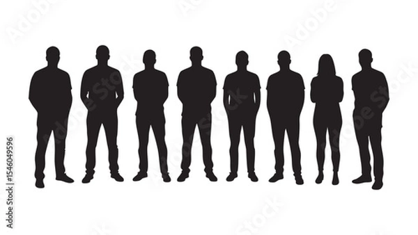 Fototapeta Silhouettes of a group of people standing together, isolated on white background
