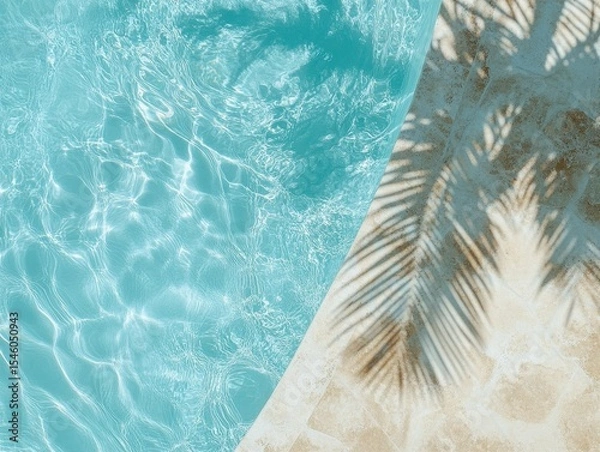 Fototapeta high definition visual of Top down view of a swimming pool background with a water ring and palm shadow visible on the travertine stone perfect for copy space images high detail 8k