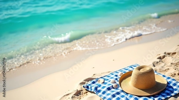 Fototapeta Serene Beach Getaway: Straw Hat and Seashells on Blue Checkered Towel by Turquoise Ocean