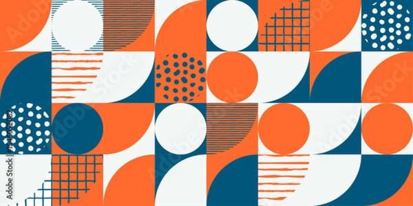 Fototapeta Modern geometric pattern, abstract shapes and textures in orange, blue and white