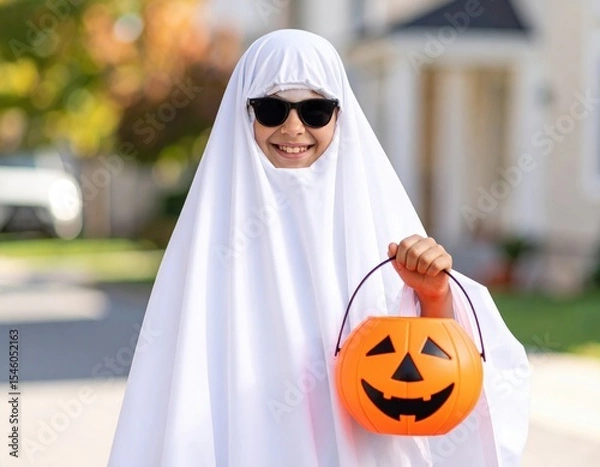 Obraz Smiling Ghost Child with Sunglasses and Pumpkin Bucket on Halloween Day