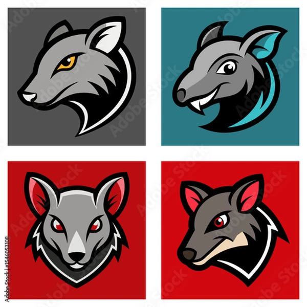 Fototapeta Four stylized animal head logos in teal red blue and black showcasing different animal mascot designs