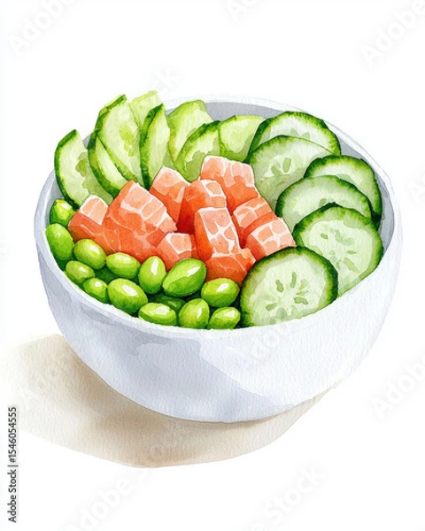 Fototapeta vibrant watercolor illustration of poke bowl featuring fresh ingredients like lab grown tuna, edamame, and cucumber