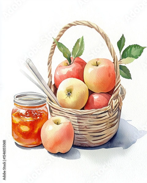 Fototapeta serene watercolor of rustic basket filled with freshly picked apples and jar of jam, evoking sense of warmth and comfort