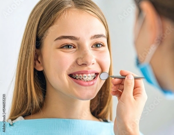 Obraz Smiling Teen Girl with Braces During Dental Checkup with Mirror Tool