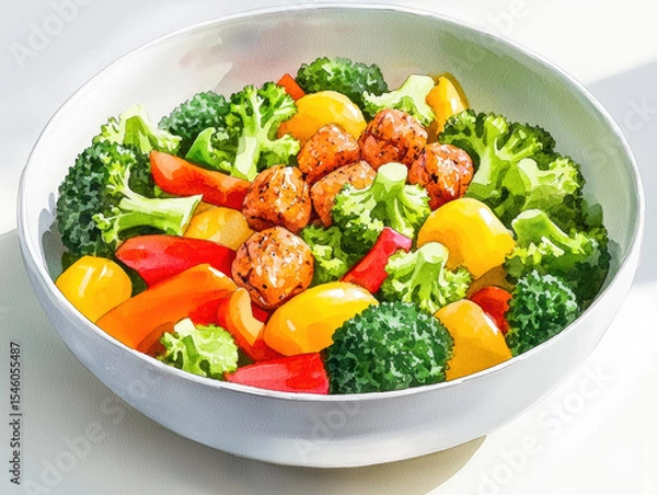 Fototapeta vibrant watercolor of colorful stir fry with fresh vegetables and protein balls, showcasing healthy meal option