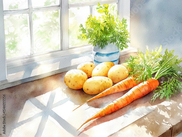 Fototapeta serene watercolor of fresh vegetables, featuring potatoes and carrots, illuminated by soft sunlight streaming through window