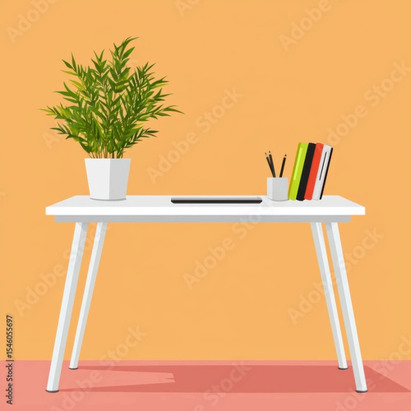 Fototapeta modern desk with potted plant, stationery, and colorful folders against warm orange background creates vibrant workspace