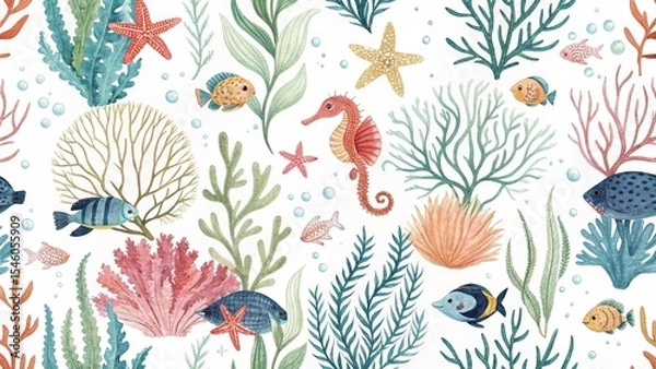 Fototapeta Watercolor Undersea Pattern with Fish Seahorse Starfish and Coral on White Background