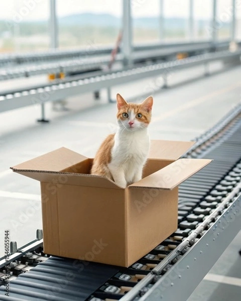 Fototapeta A ginger and white cat sits inside an open cardboard box on an industrial conveyor belt in a spacious warehouse.