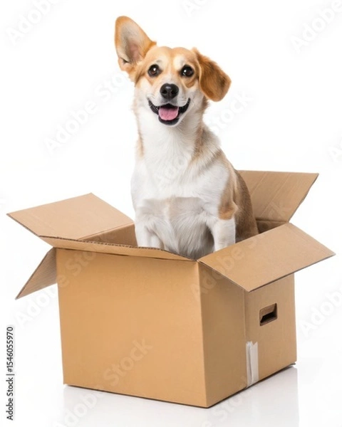Fototapeta A happy corgi dog sitting inside an open cardboard box against a white background, looking cheerful and playful.