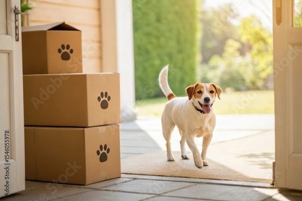 Fototapeta A happy dog walks indoors near stacked cardboard boxes with paw prints, suggesting pet-related moving or deliveries in a sunny home setting.