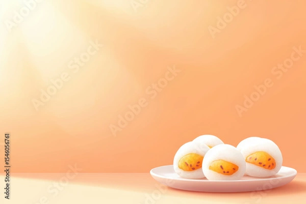 Fototapeta Delightful dessert featuring mochi stuffed with sweet filling, beautifully presented on plate against warm background