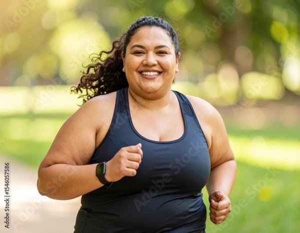 Obraz Smiling woman with curly hair jogging in a park on a sunny day