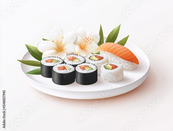 Fototapeta Delicious sushi platter featuring rolls, salmon, and garnished with flowers and leaves, perfect for food lovers