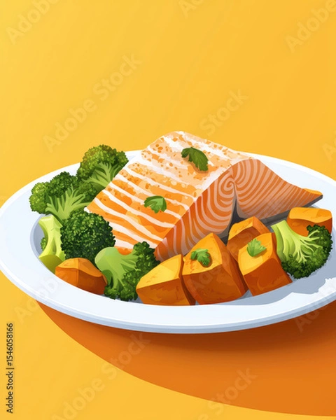 Fototapeta Delicious grilled salmon served with vibrant broccoli and roasted sweet potatoes on white plate, perfect for healthy meal