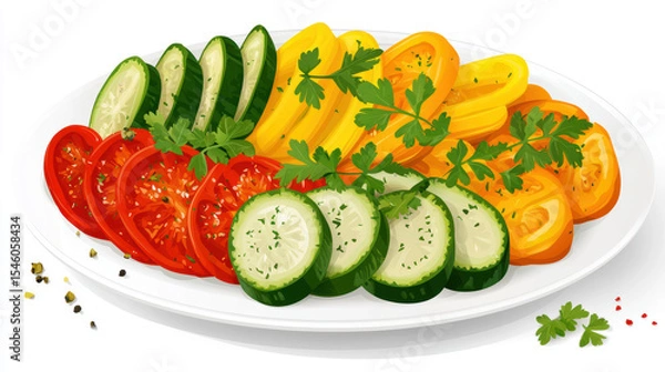 Fototapeta Colorful platter of sliced seasonal vegetables including cucumbers, tomatoes, and bell peppers garnished with herbs
