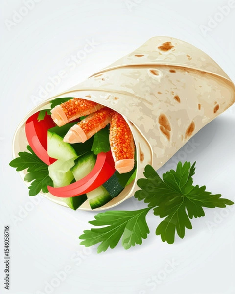 Fototapeta Delicious wrap filled with fresh vegetables, including cucumber, tomato, and protein strips, garnished with herbs