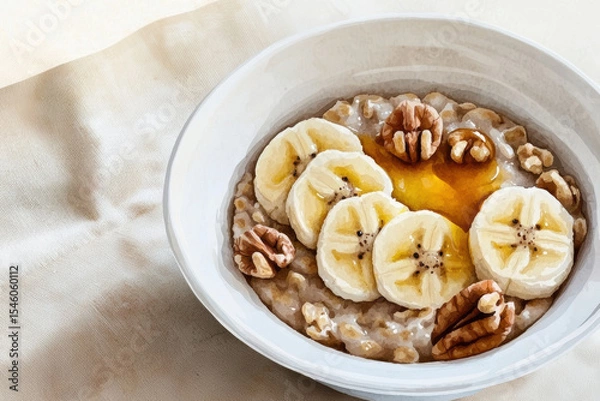 Fototapeta Warm bowl of oatmeal topped with banana slices, honey, and walnuts, evoking cozy and comforting feeling