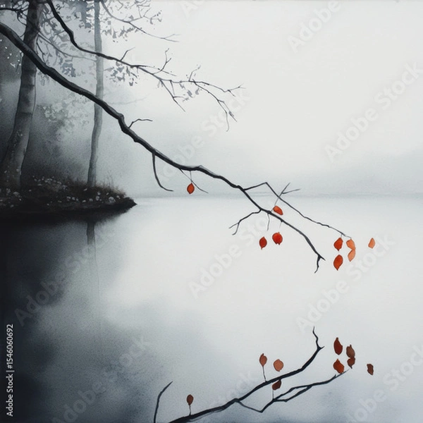 Fototapeta serene watercolor painting depicting foggy lake with branch featuring red leaves reflecting on water surface