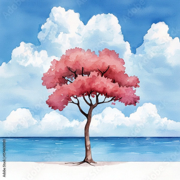 Fototapeta vibrant pink tree stands against serene blue sky with fluffy clouds, reflecting tranquility and beauty