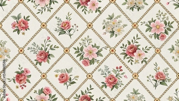 Fototapeta Elegant Floral Pattern with Diamond Lattice Roses and Greenery for Textile and Background Design