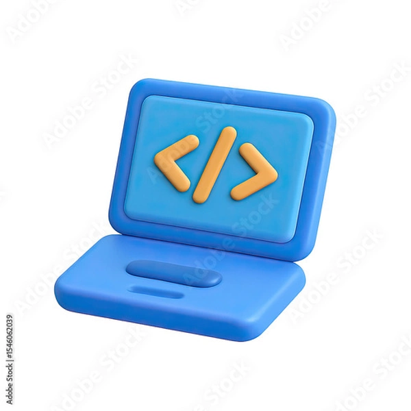 Fototapeta 3D Render of Blue Laptop with Orange Code Icon Glowing on Dark Background