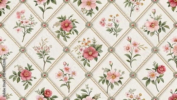 Obraz Elegant Floral Pattern with Pink Flowers and Diamond Lattice Design Background