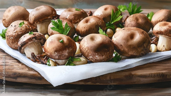 Fototapeta Fresh mushrooms arranged on rustic platter, garnished with herbs, evoke sense of natural beauty and culinary delight