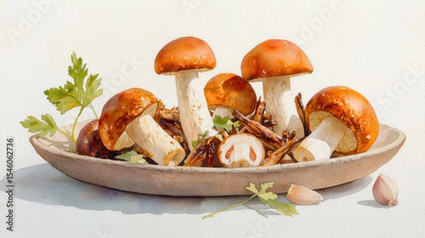 Fototapeta Fresh mushrooms arranged rustic platter, showcasing their earthy tones and textures, evoke sense of natural beauty