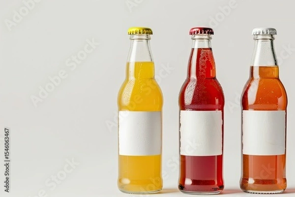 Fototapeta Tasty Drinks in Bottles with Blank Labels on White Background Mock Up for Design