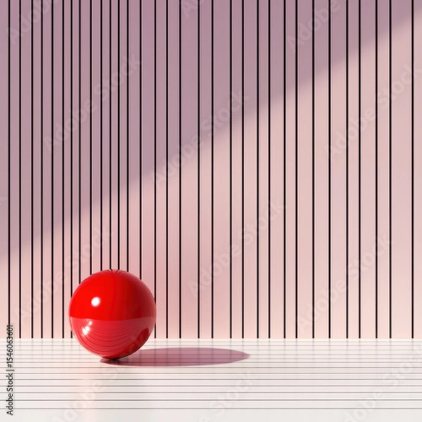 Fototapeta vibrant red sphere rests white surface against striped pink wall, creating striking visual contrast. play of light and shadow