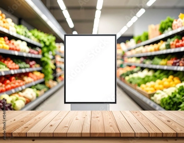 Obraz Supermarket aisle with fresh produce and blank advertising board on wooden table