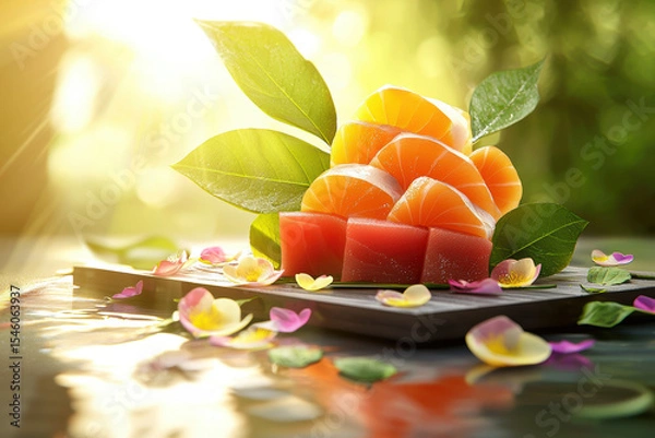 Fototapeta Colorful sashimi platter with vibrant fish cuts and fresh leaves, beautifully arranged with petals, evoking serene atmosphere