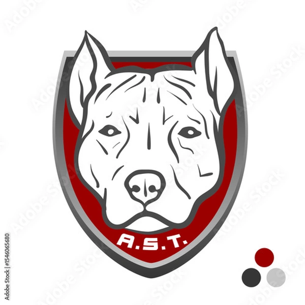Fototapeta Classic shield emblem: Vector AmStaff head (front view) on dark red background with metallic grey beveled border. Features A.S.T. abbreviation below chin. Premium breed insignia for pedigrees or clubs