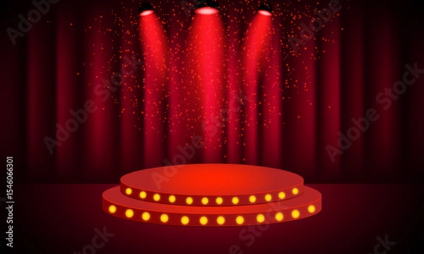 Fototapeta podium with red curtain backdrop, perfect for stage events, award shows, product displays, and dramatic presentations with a classic theatrical vibe.