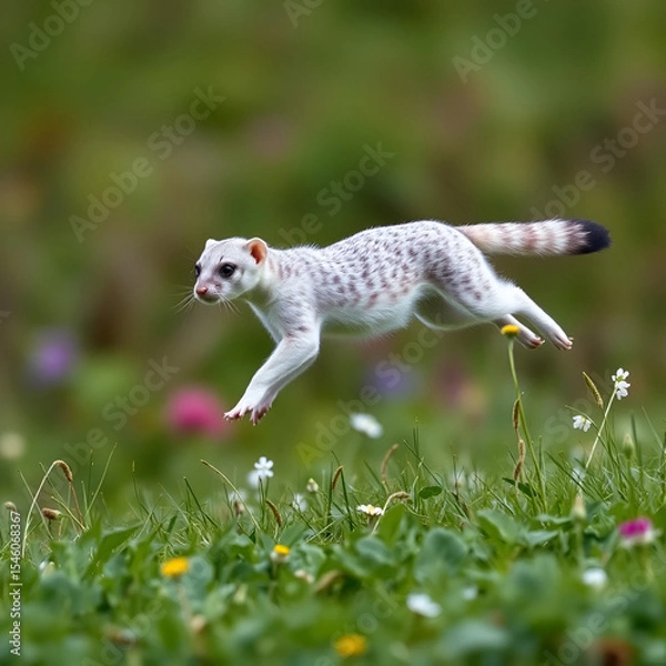 Fototapeta A quicksilver stoat bounding across a meadow