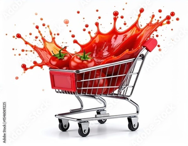 Obraz Tomato Splash in Shopping Cart Fresh Produce Bursting with Flavor on White Background
