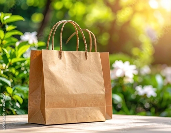 Obraz Two brown paper shopping bags on a wooden table with a blurred green floral background (1)