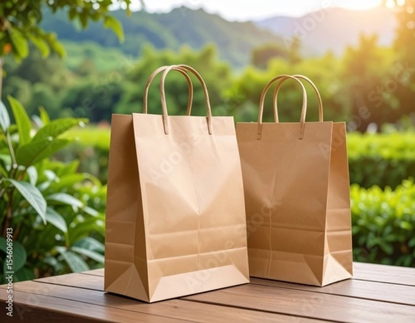 Obraz Two Brown Paper Shopping Bags on a Wooden Table with Greenery Backdrop