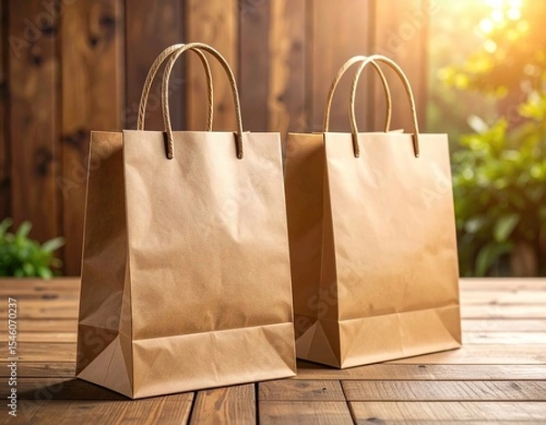 Obraz Two Brown Paper Shopping Bags on Rustic Wooden Table with Sunlight