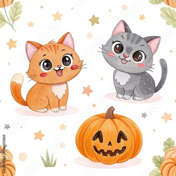 Fototapeta seamless watercolor pattern cats with pumpkin on white background	
