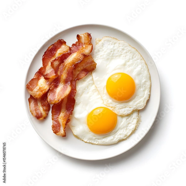Obraz Crispy bacon strips served with two sunny side up fried eggs on a white plate. Classic American breakfast combination, isolated on a white background, ideal for food ads and menus.