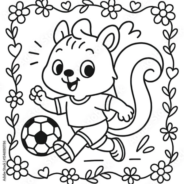 Fototapeta Playful Gray Squirrel Cartoon Playing Soccer in Floral Frame