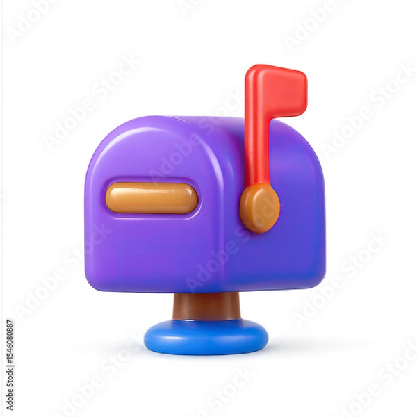 Fototapeta Purple 3D Cartoon Mailbox with Red Flag on Blue Base